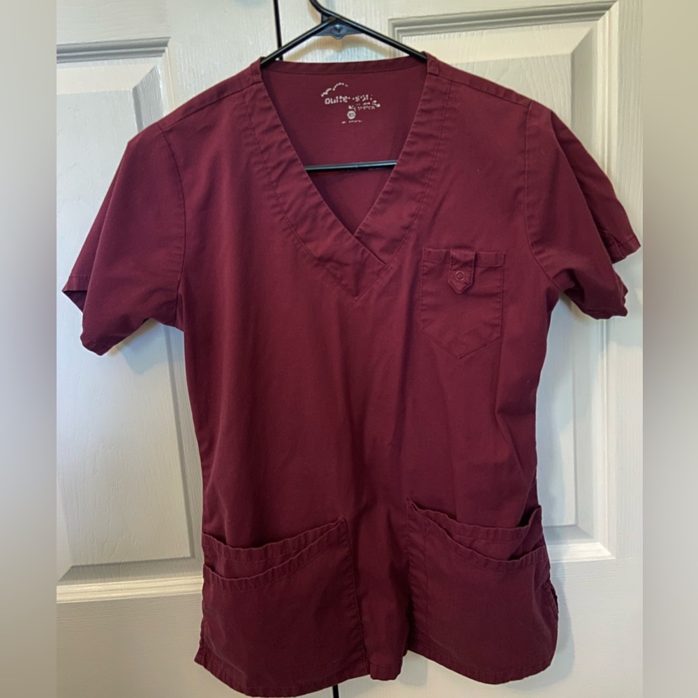 Wine V-Neck Scrub Top with Pockets